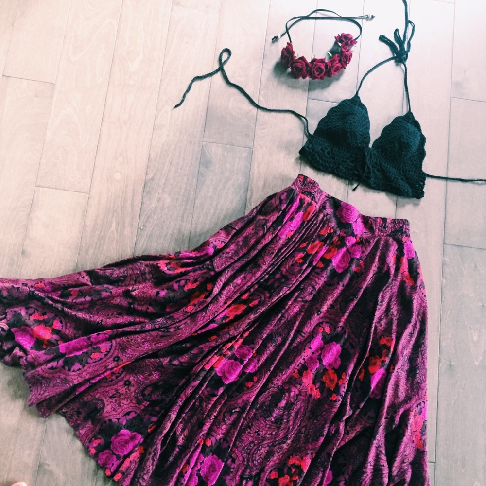 Vintage Boho Floral Pink Maxi Skirt with Pockets